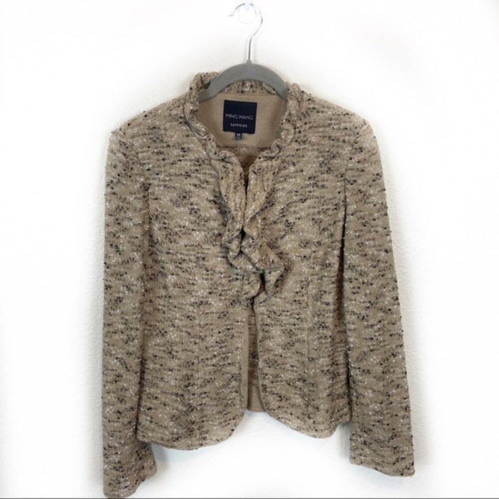 Ming Wang Ruffle Blazer Jacket Tan Black White Easy Care Travel Retro sz XS
